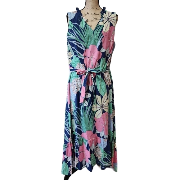 Talbots Floral Hibiscus Ruffle Sleeveless Maxi Dress - 14 - Picture 3 of 10